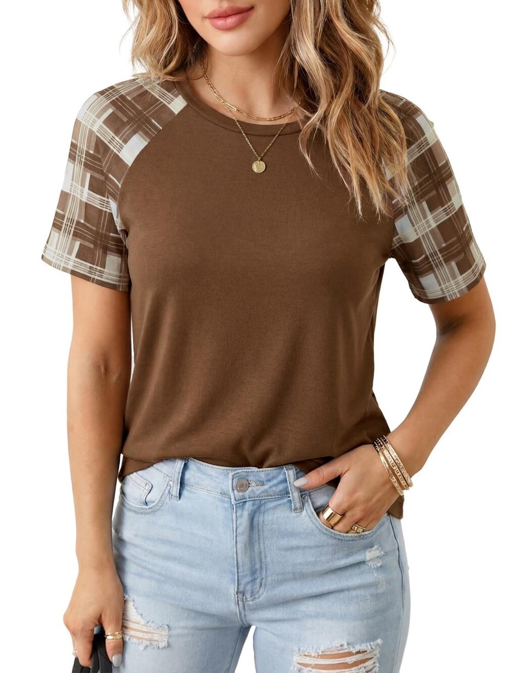 Womens T Shirt Large Brown Plaid Raglan Short Sleeve Casual Top